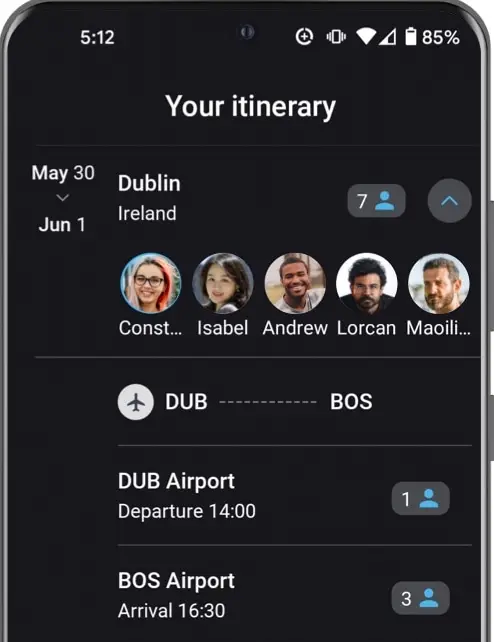 apreet itinerary screen showing a Dublin to Boston trip with five friends overlapping the leg