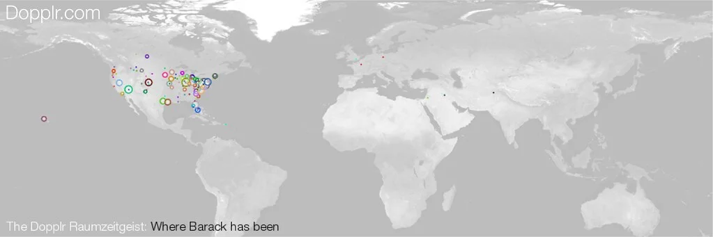 The Dopplr Raumzeitgeist map: a grey world map dotted with colored circles showing where Barack Obama traveled in 2008