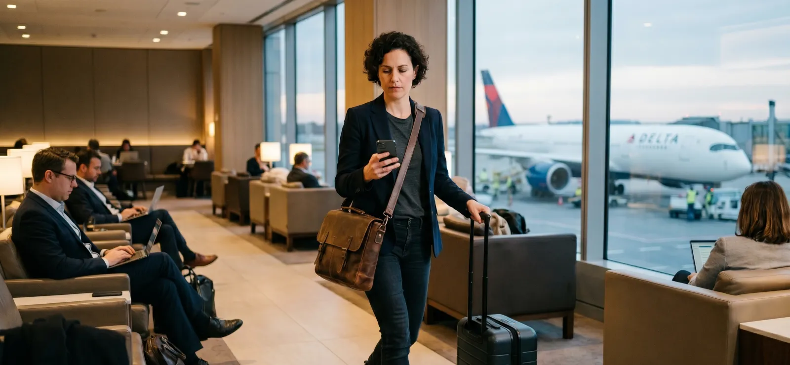 A founder walking through an airport lounge, checking her phone, an aircraft at the gate behind her