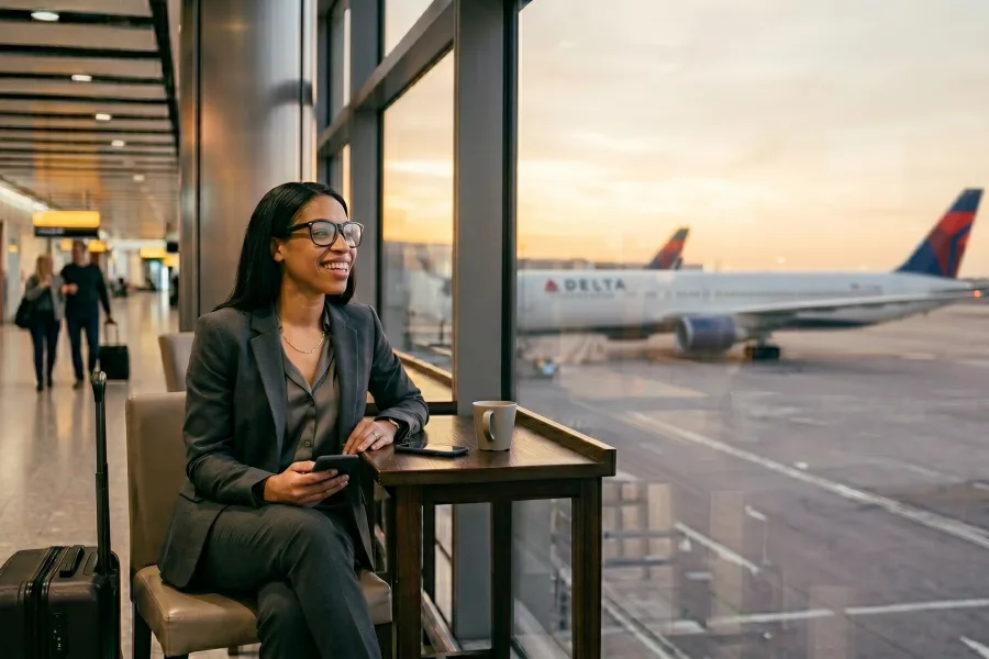 A business traveler waiting at an airport gate, looking out at the planes