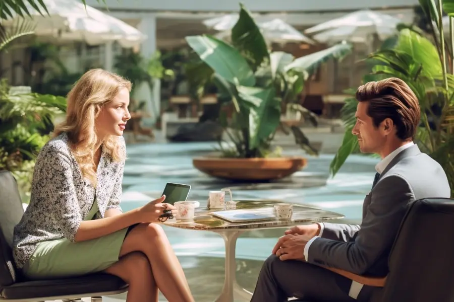 Two business travelers meeting at an airport terminal