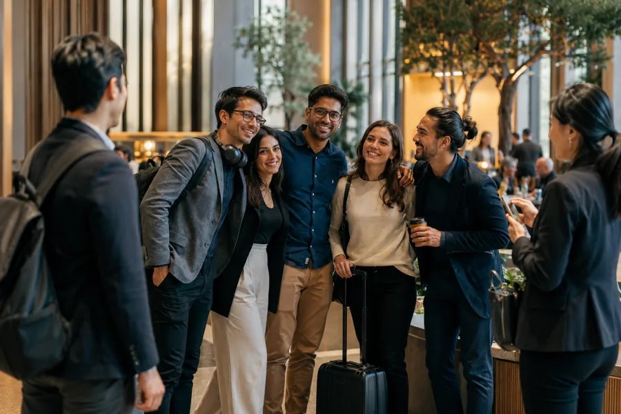 A group of friends and colleagues smiling together