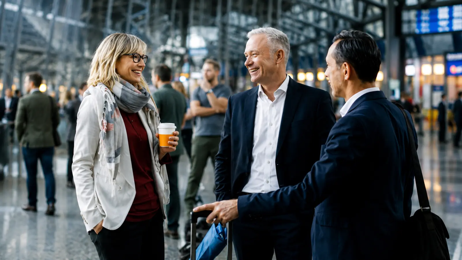 Three business travelers stopping to talk and catch up in a busy transit hub