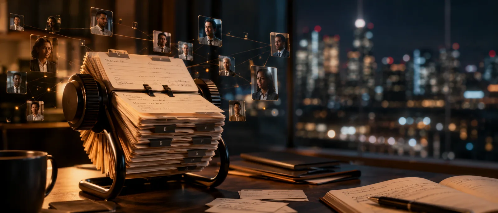 A vintage Rolodex on a desk at night, its contacts shown as glowing portraits linked above it, with a city skyline beyond