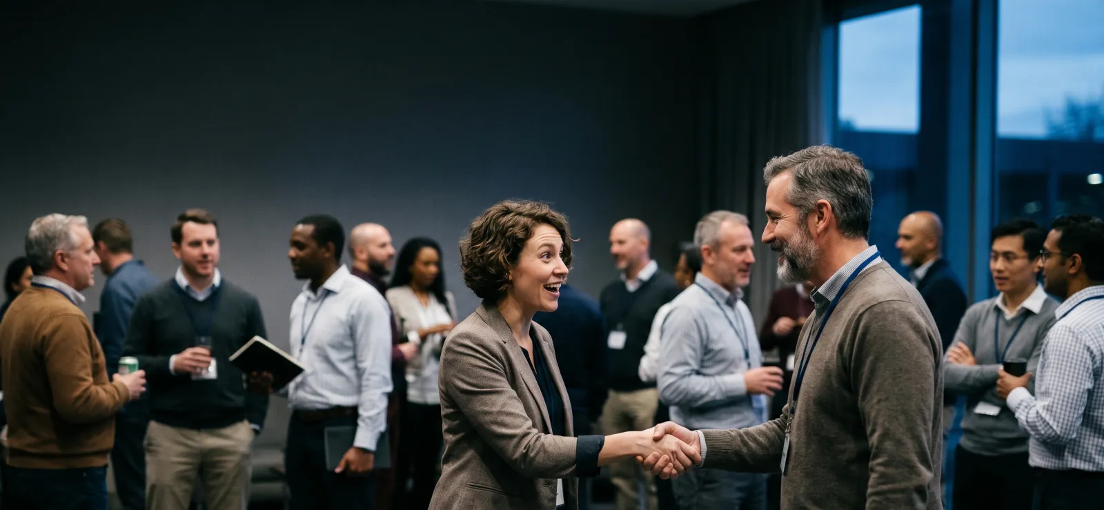 Two professionals shaking hands at a busy networking event